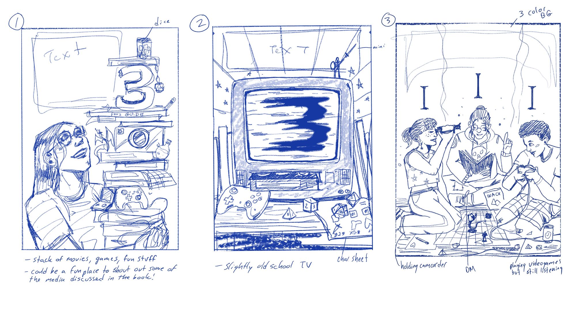 Series of three sketches by Evangeline Gallagher: 1 - girl holding stack of things, 2 - old tv, 3 - dnd group