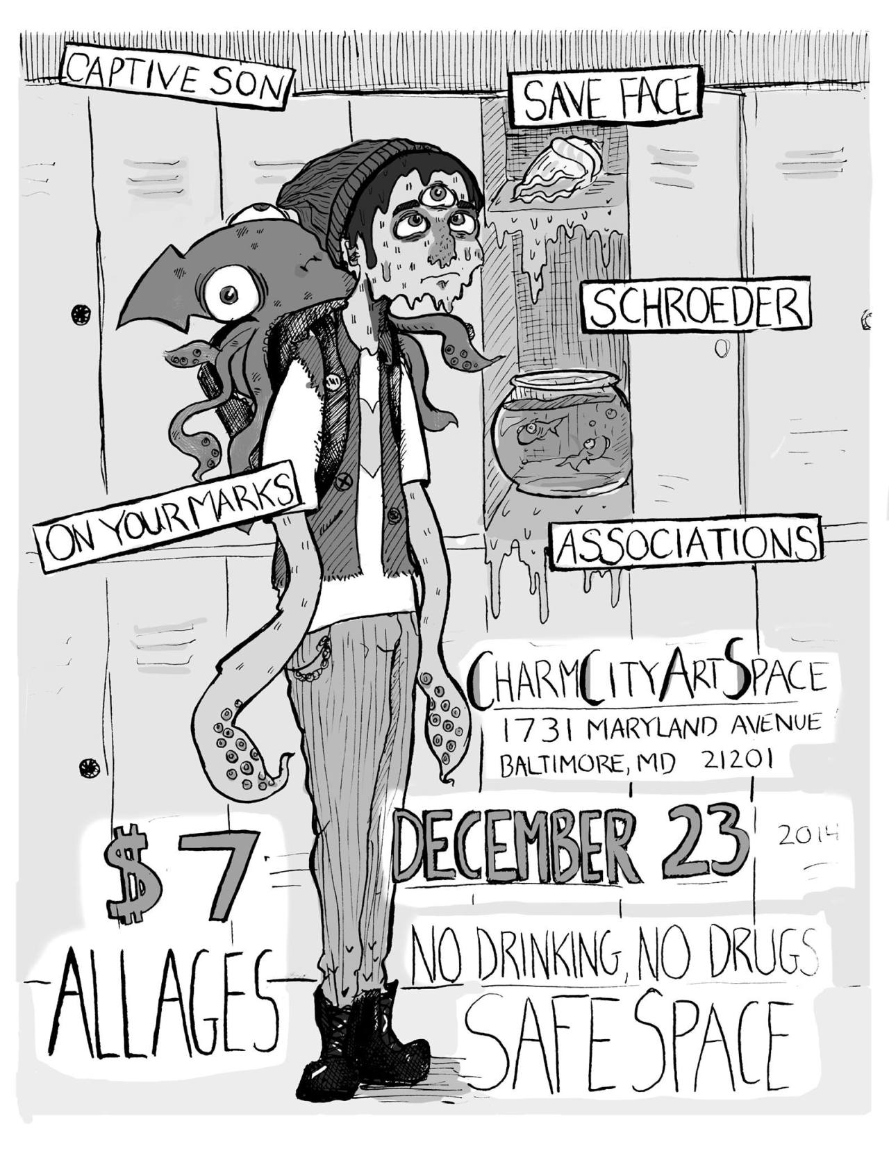 Show Flyer: a teenage boy combined with a squid-like animal stands in front of an open locker