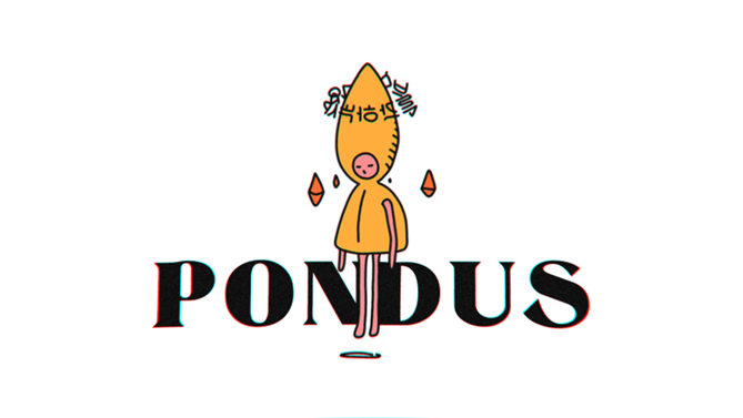 pondus game logo. character floats in the middle of the word pondus