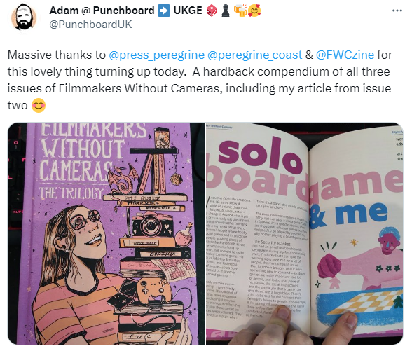 Screenshot of tweet praising Filmmakers Without Cameras: The Trilogy from Adam at PunchboardUK. Features images of the journal and Adam's article: Solo boardgames & me